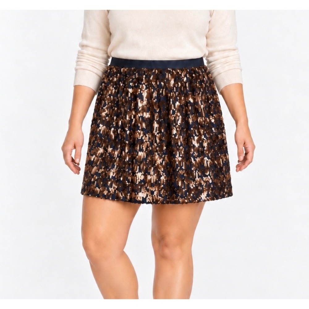J Crew Mini Skirt Sequin New Navy Gold Sequins Party Holiday size 14